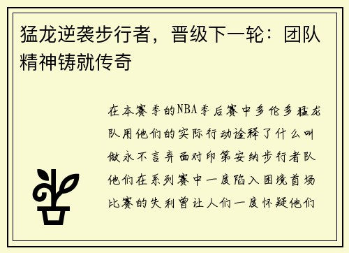 猛龙逆袭步行者，晋级下一轮：团队精神铸就传奇